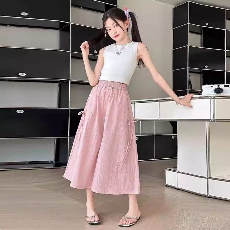 Girls Casual Loose Wide Leg Pants 7/8 Length Summer Thin Style Kids Fashion Loose Big Kids Ice Silk Pants
