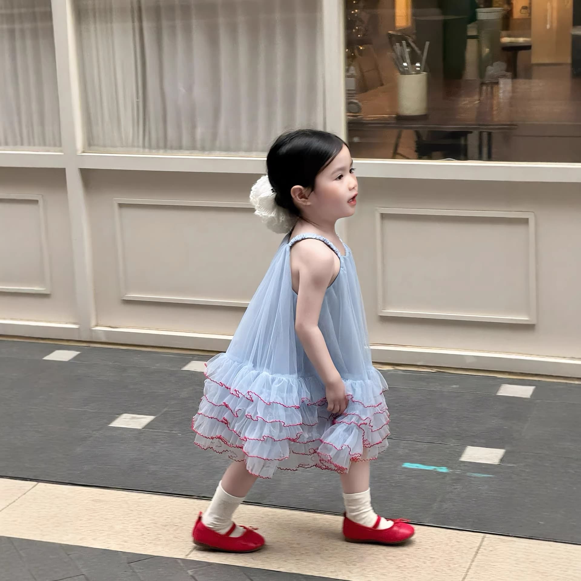 Korean children's clothing girls summer blue dress mesh suspender skirt birthday princess dress five-layer curved edge tutu skirt