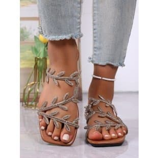 2026 New Leaf Rhinestone Slide Sandals Square Toe Open Toe Soft Sole Slippers Cross-Border E-Commerce Supply