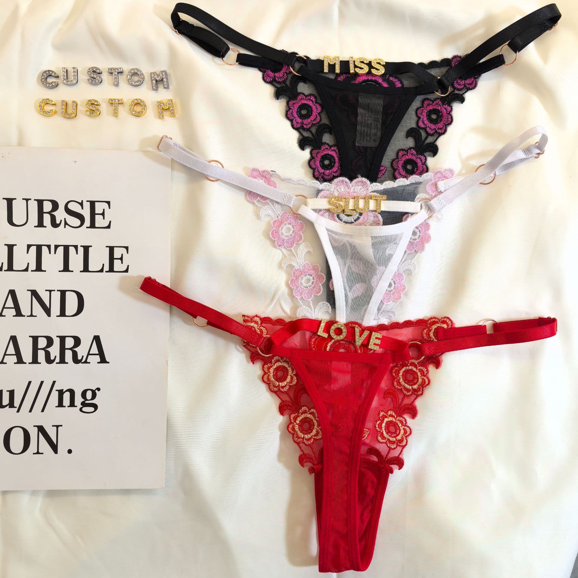 Minimum order of 1 piece. DIY letter customization, adjustable size, rhinestone letter sexy European and American thong women's lingerie underwear.