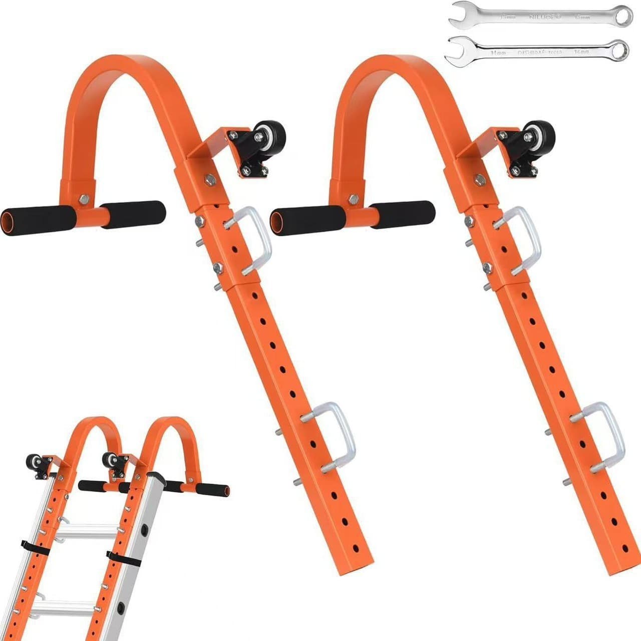 Ladder stabilizers for straight and extension ladders, tool holder racks, rubber anti-slip end caps, anti-sway roof hooks, ladder stabilizers.
