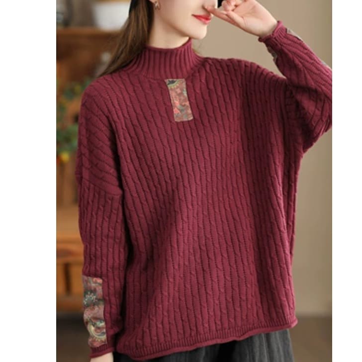 New Fashion Patch Long Sleeve Sweater for Women, Cotton Knit Crew Neck Casual Pullover Top