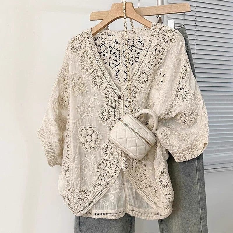 Summer Plus Size French V-Neck Crochet Hollow Seven-Sleeve Knit Cardigan for Plus Size Women, Sun Protection, Slimming, Versatile