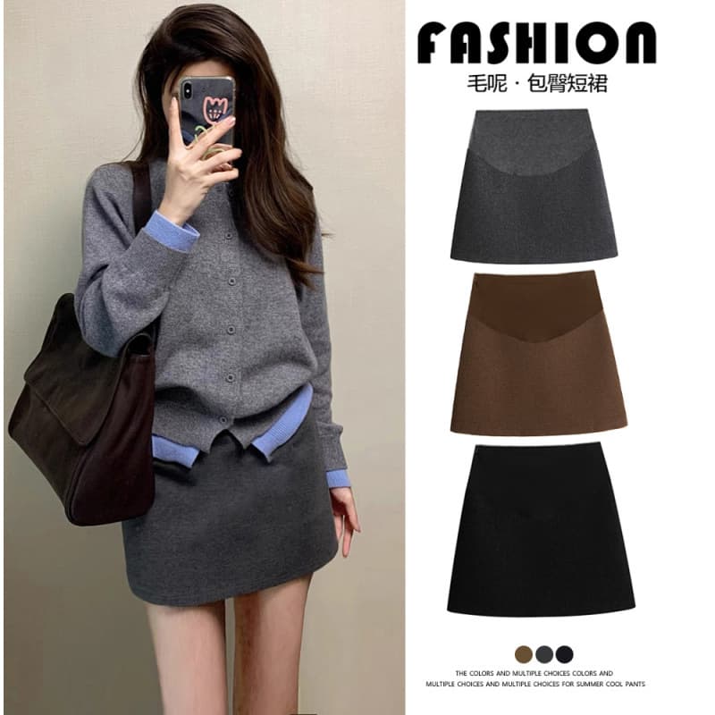 Viral Maternity Skirt Autumn Korean-Style Wool Blend A-Line Half Skirt, High-Waisted Slimming Bodycon Skirt