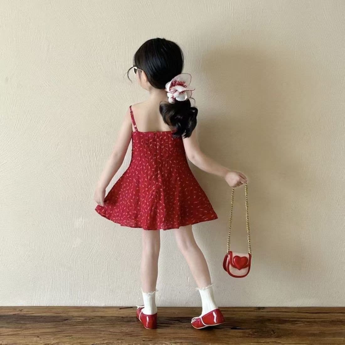 Girls Red Floral Print Dress Summer New Halter Dress Polka Dot Baby Korean Vacation Princess Fashion Dress