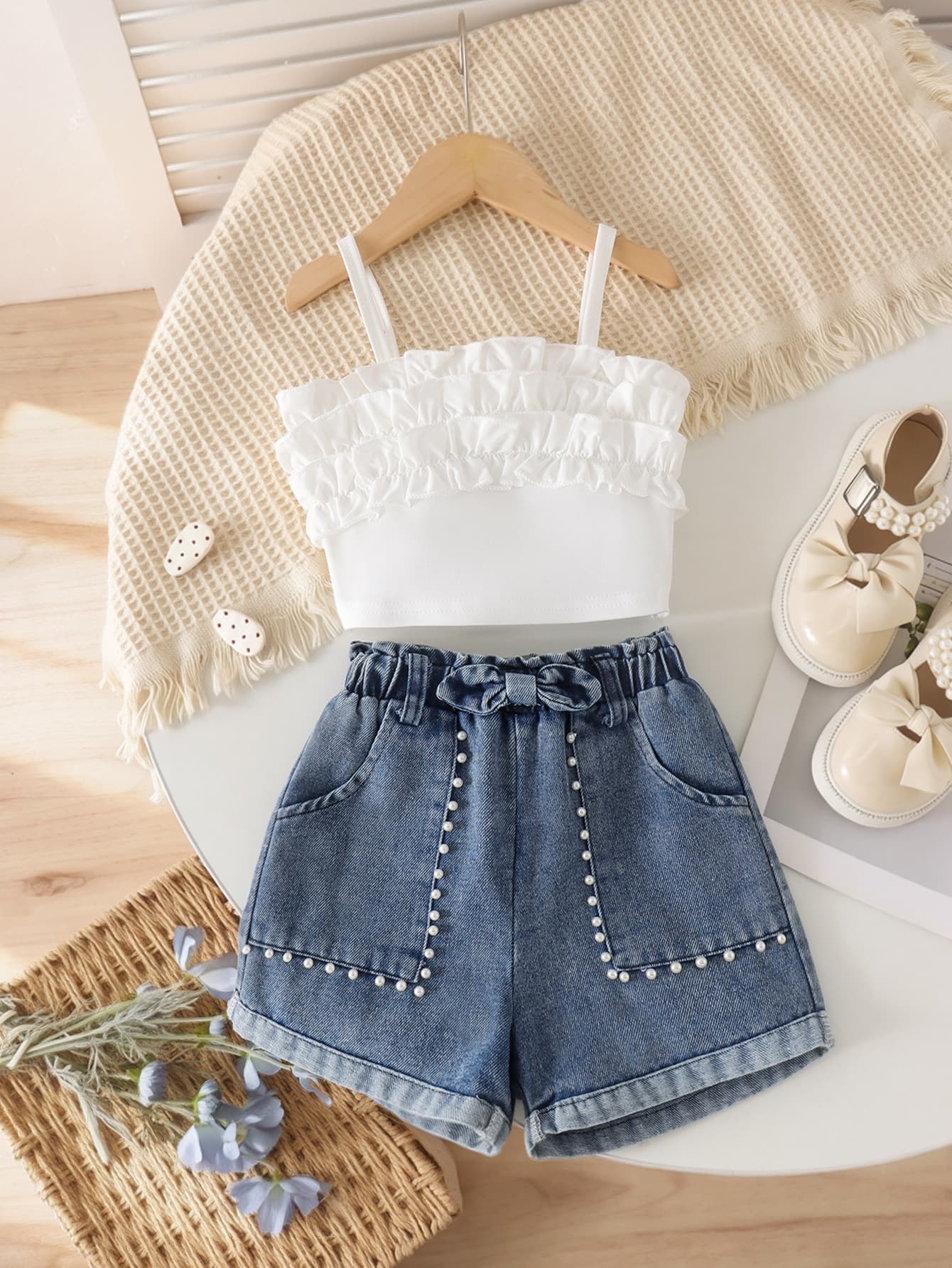 Young Girls Clothes 4-7Y Summer Sleeveless Ruffle Strap Top + Denim Shorts