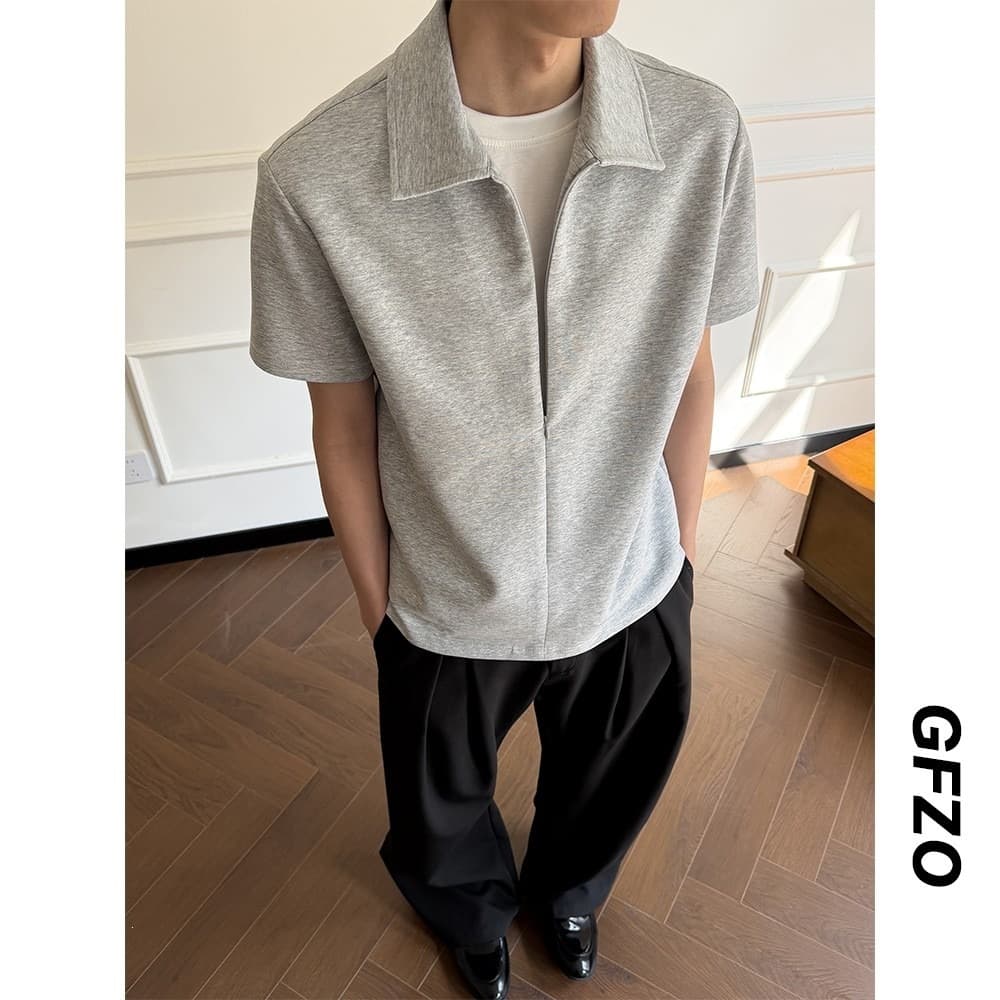 Cleanfit Two-in-One Zip Short Sleeve Men's Summer American Retro Turn-down Collar T-shirt Trendy Gray Half Sleeve