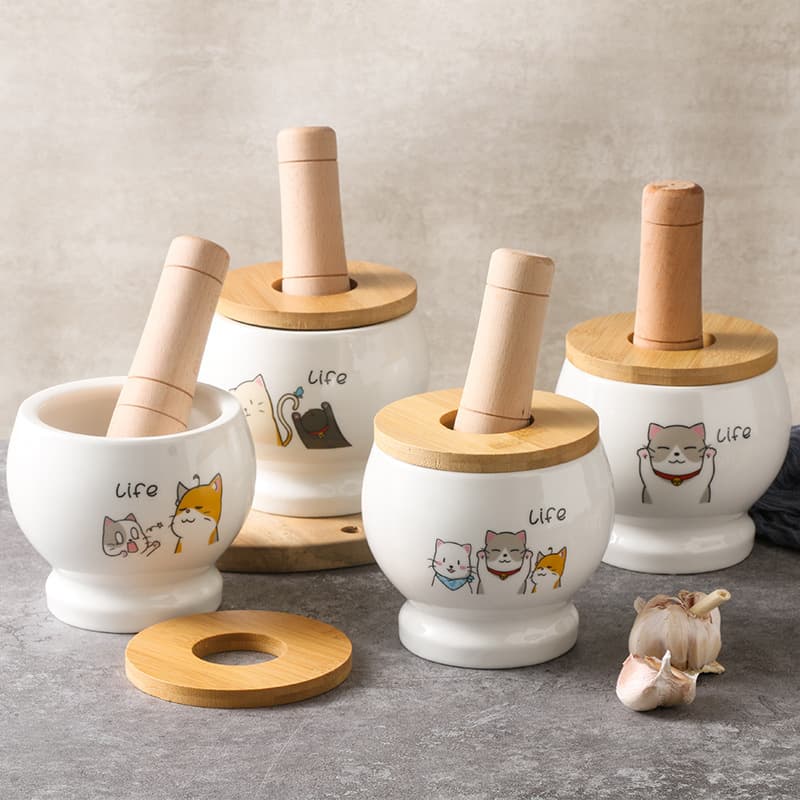 Cartoon Cat Ceramic Garlic Grinder Mortar and Pestle Set, Home Use Garlic Crusher, Grinding Tool, Medicine Grinder, Garlic Bowl