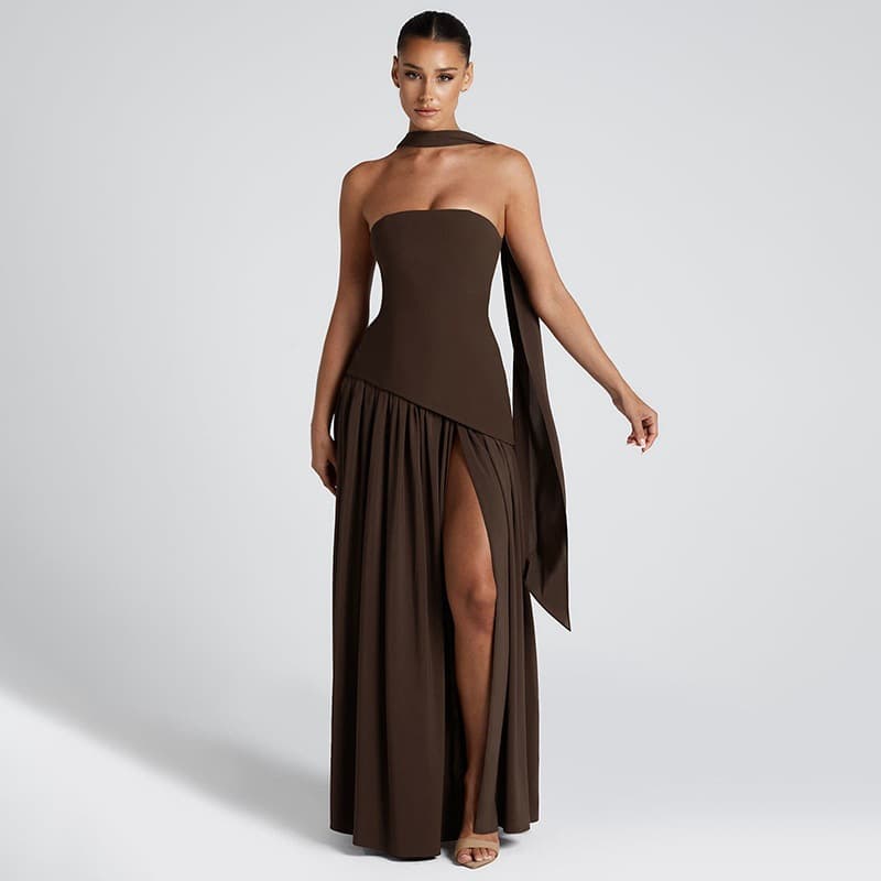 2025 Summer New Sexy Simple Low-Cut One-Shoulder Ruffle Leg-Revealing Design Necklace Strap Dress