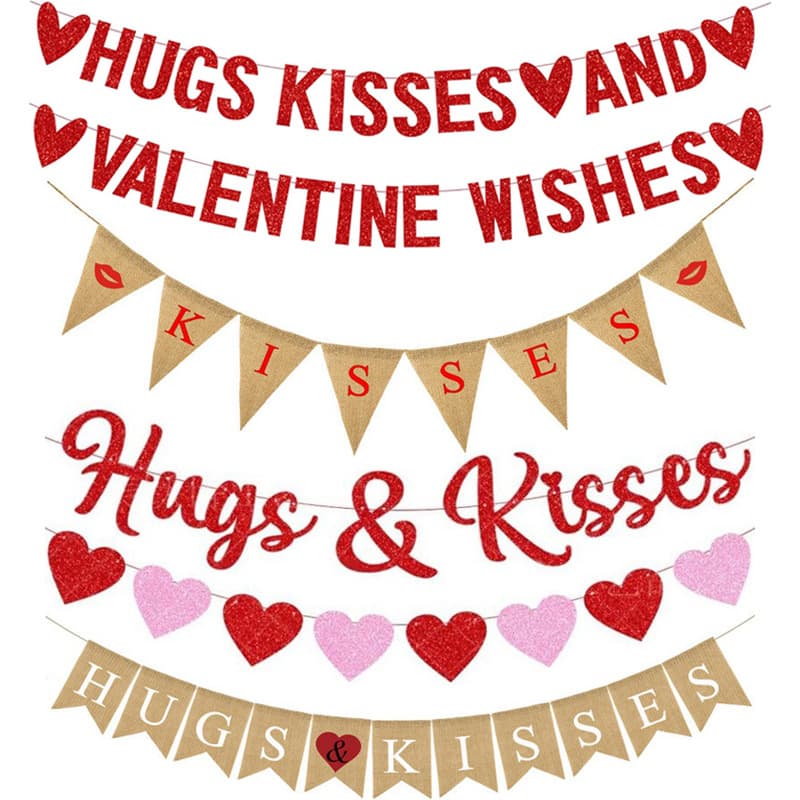 Red Hugs & Kisses Glitter Swirl Heart Banner Proposal Engagement Valentine's Day Burlap Bunting