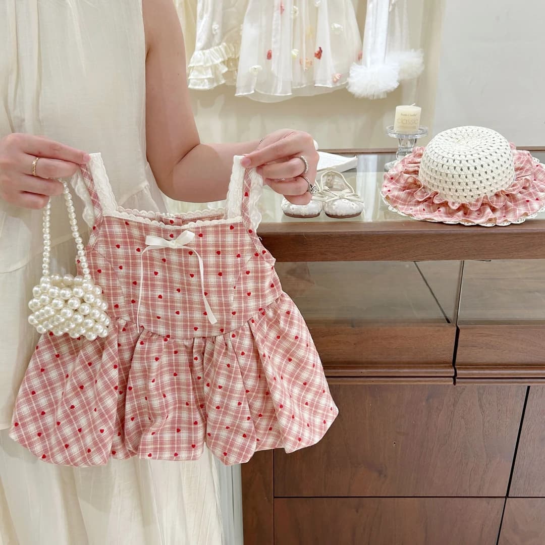 【Gift Hat】Peach Sweetheart! Original baby girl summer dress French lace plaid girls sundress