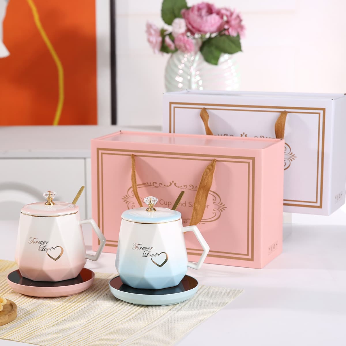 Gradient Mug 55℃ Warming Cup Wedding Ceramic Cup Set Couple Mug Holiday Gift with Logo