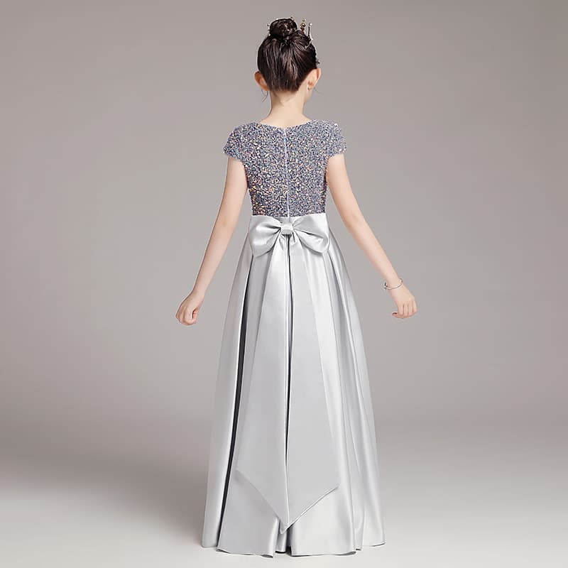 Girls Piano Performance Dress Gray Sequins Long Gown Princess Dress Children Host Runway Show Costume Summer