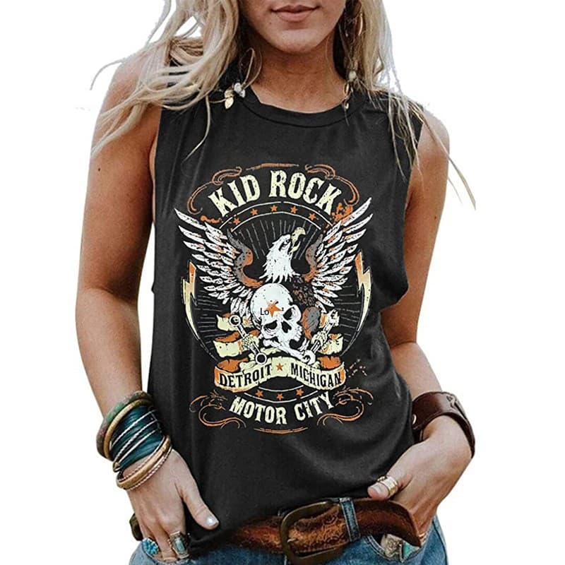 Cross-border European and American fashion new wish independent station skull eagle print round neck sleeveless t-shirt women's top