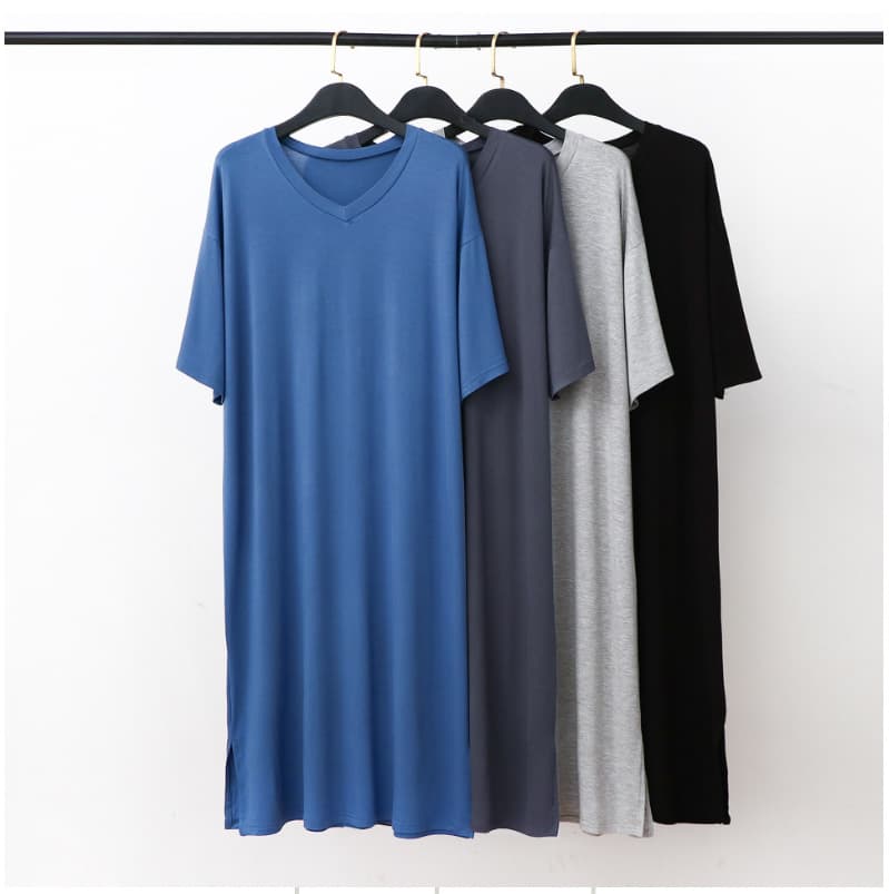 Modal 007 Men's Nightgown Long Length Over Knee Short Sleeve V-Neck Mid-Length Robe Loose Fitting Long Dress