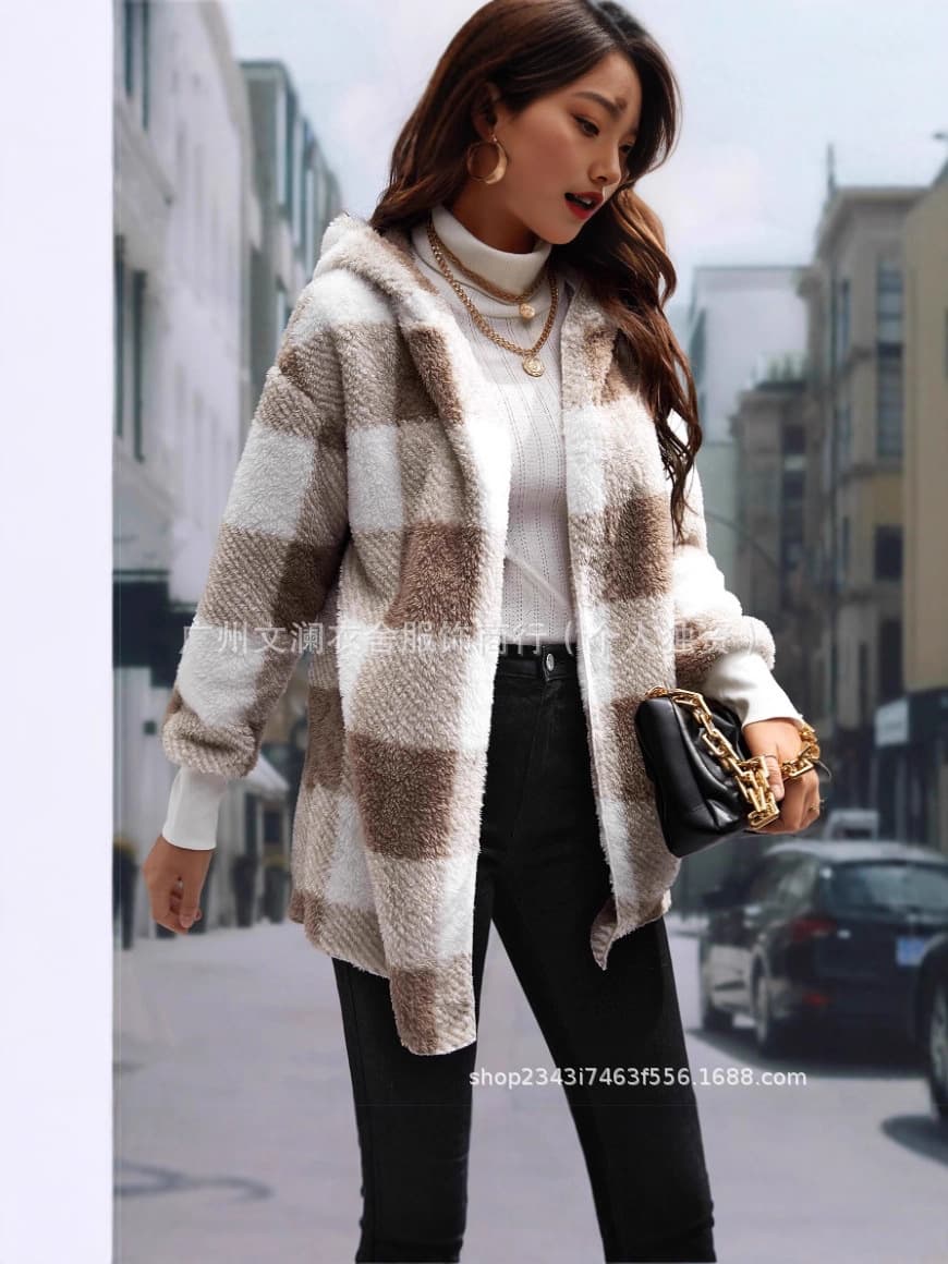 Loose Knitted Plaid Color Block Women's Open Cardigan Fashionable Sweater Outerwear New 2025 Cross-Border Style