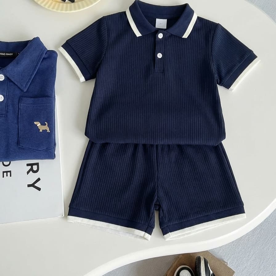 2026 New Summer Boys' Set Striped Polo Shirt Short Sleeve Children's Casual Outfit Shorts Two-Piece Set Wholesale