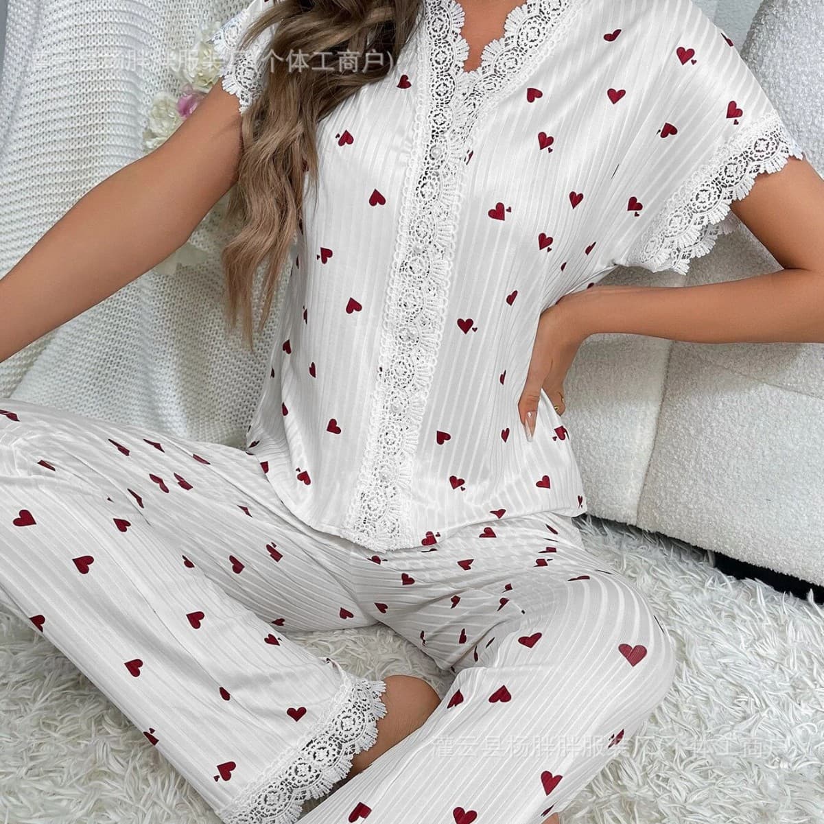 European and American Cross-Border Homewear Cherry Print Short Sleeve Lapel Pajama Set for Women, Wearable Outside, Two-Piece Set with Long Pants