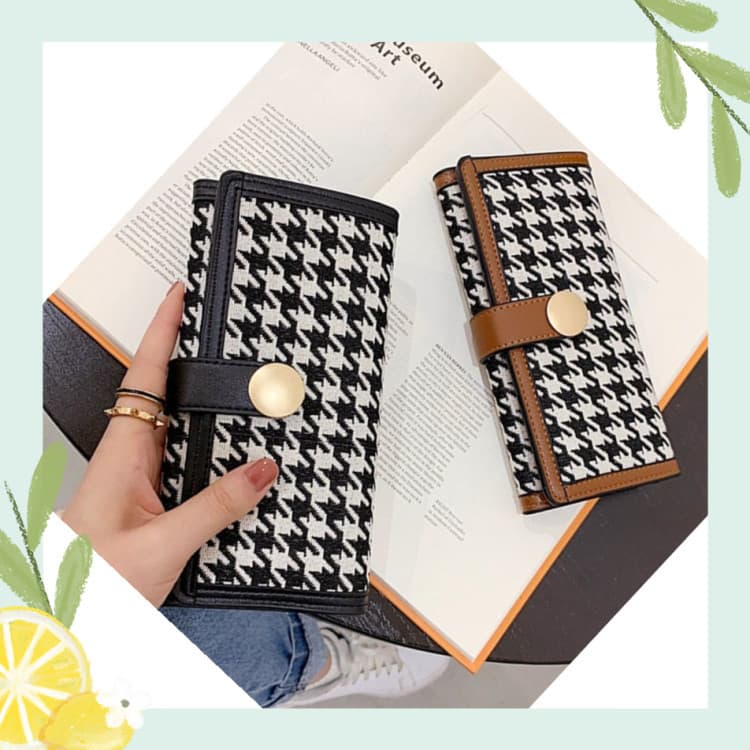 High-Aesthetic Houndstooth Canvas Women's Short Wallet with Clasp, Long Wallet, Premium Coin Purse
