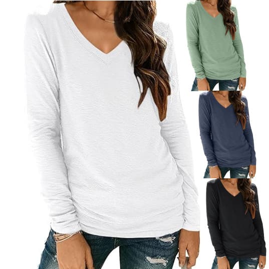 Amazon 2024 European and American Women's New V-Neck Long Sleeve T-Shirt Cross-Border Solid Color Blouse