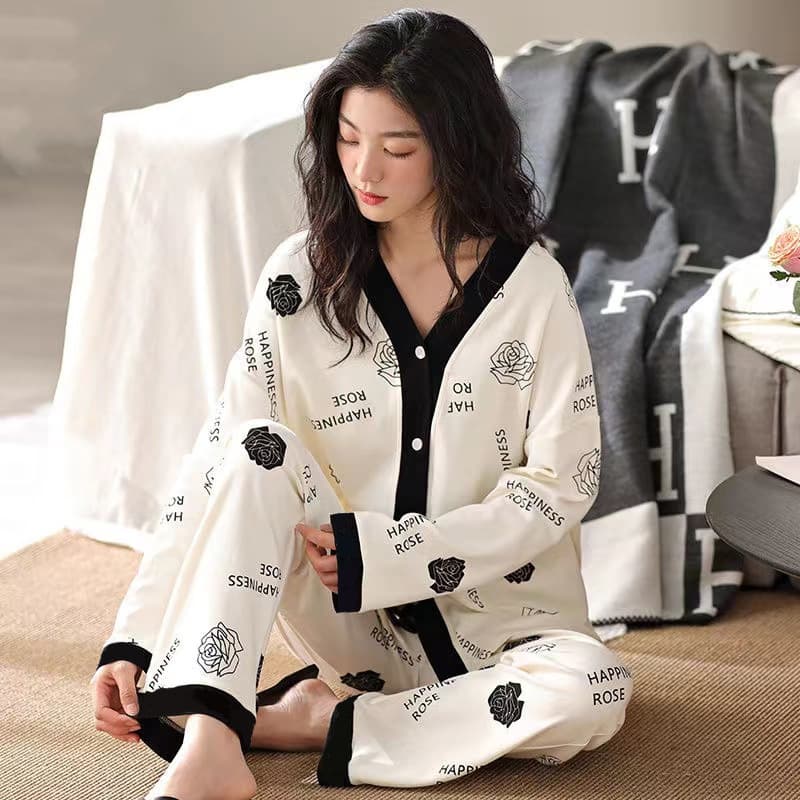Spring Autumn Women's Open Cardigan V-neck Sleepwear Casual Long Sleeve Long Pants Sweet Home Clothes Polyester Fiber Milk Silk