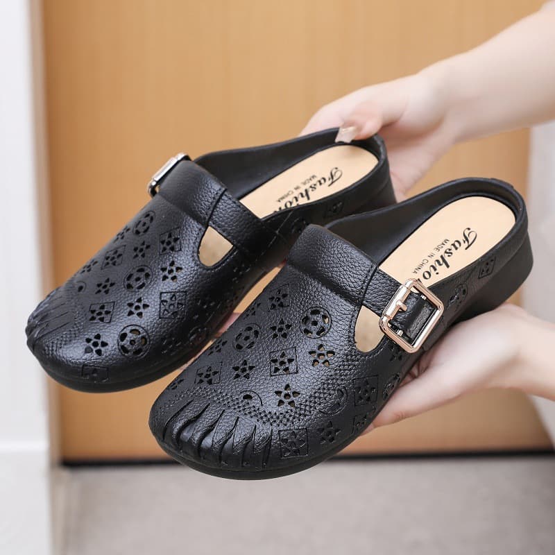 New Flat Non-Slip Closed-Toe Slippers for Middle-Aged Women, Faux Leather Mid-Heel Clog Slippers, Outdoor Women's Slippers