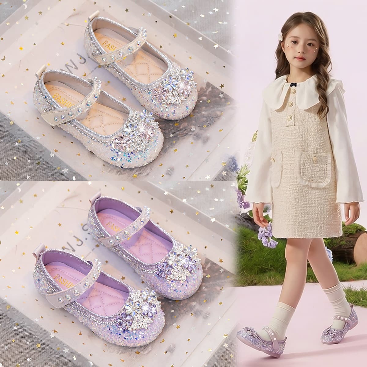 Girls Princess Shoes 2026 New Style Leather Shoes Crystal Shoes Soft Sole Sparkle Flats for Dresses Spring