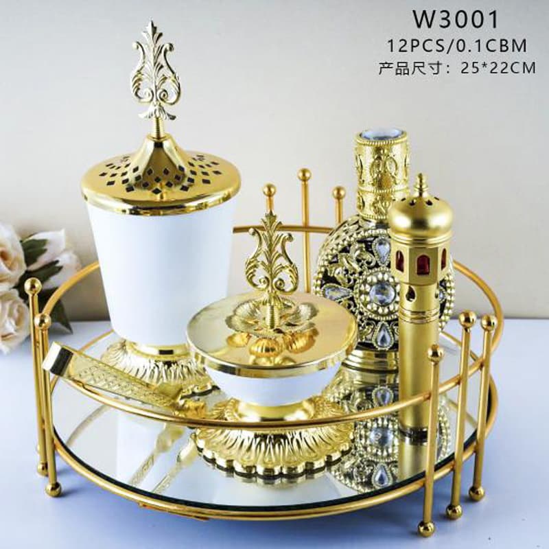 Southeast Asia, Saudi Arabia, Dubai, Arabian incense burner five-piece set, golden flower wooden metal incense burner
