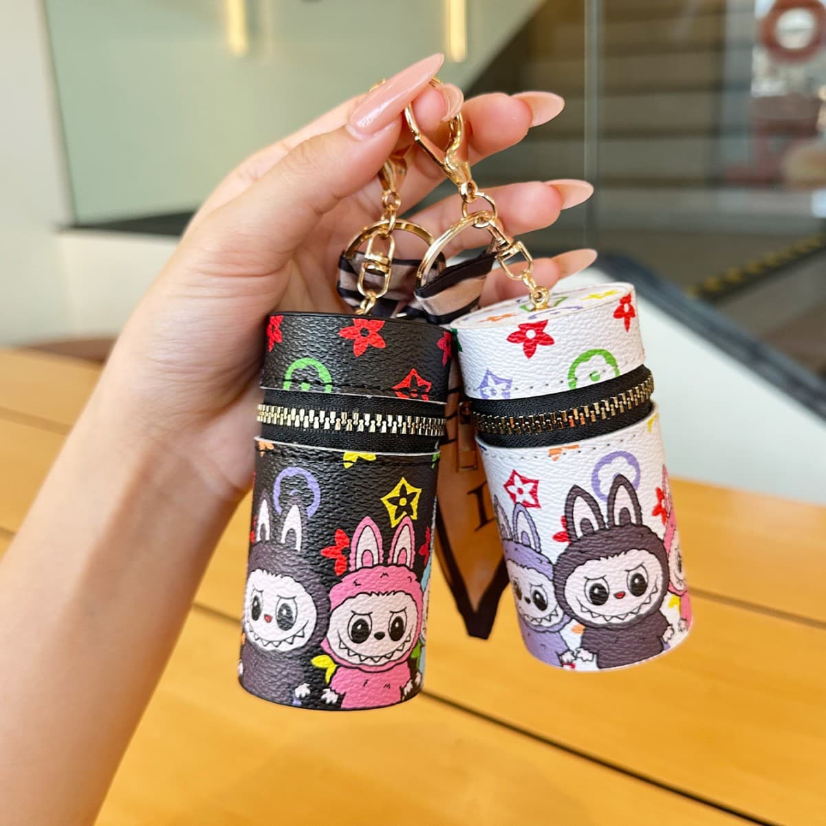 Cartoon Labubu Lipstick Storage Coin Portable Mini Cylinder Makeup Bag Carry-on Fashion Pendant Keychain