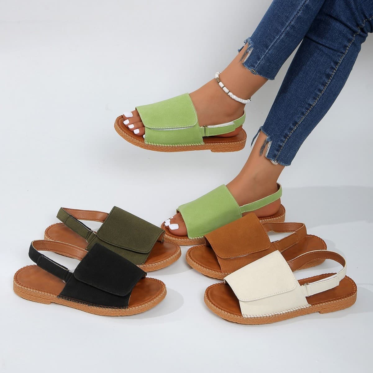 Cross-border Trade New 2026 Summer Flat One-Strap Lightweight Comfortable Peep-Toe Beach Sandals for Women