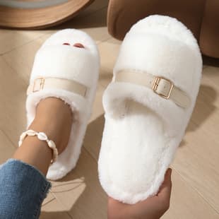 Cross-border new belt buckle furry shoes for women, indoor and outdoor wear, autumn and winter fleece-lined warm fashion cotton slippers