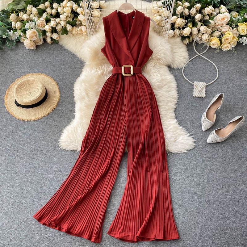French Vintage Waist-Cinching Slim Elegant Professional OL Suit Lapel Jumpsuit Fashion Flared Wide-Leg Jumpsuit