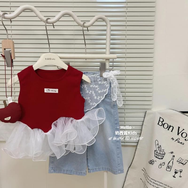 Girls' Western Style Suit Tops Vest Denim Wide Leg Pants 2025 New Sleeveless Summer Spliced Two-piece Set