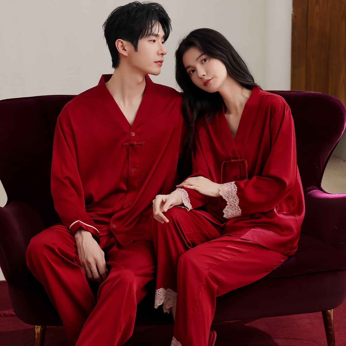 New Chinese style national style pajamas red couple wedding pajamas silk autumn and winter warm and comfortable long-sleeved home clothes