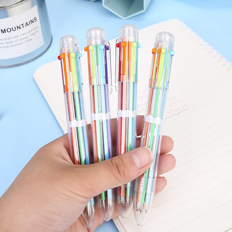 Creative Transparent 6-Color Ballpoint Pen Cute Student Stationery Multi-Color Pen Medium Oil Pen Colored Ballpoint Pen Factory Direct