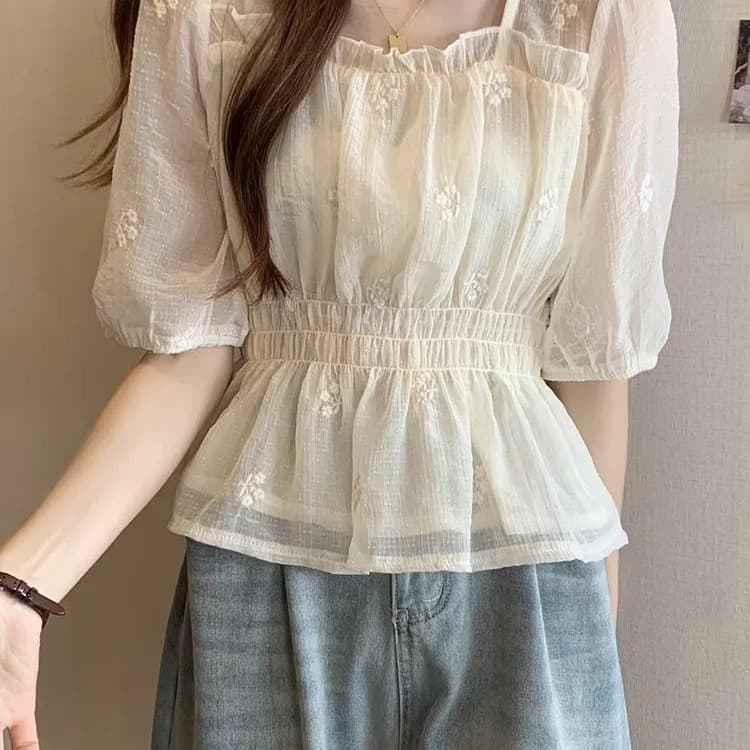 Embroidered Trim Chanel-Style Chiffon Blouse, Short-Sleeved, French Sweet Style, Summer Top
