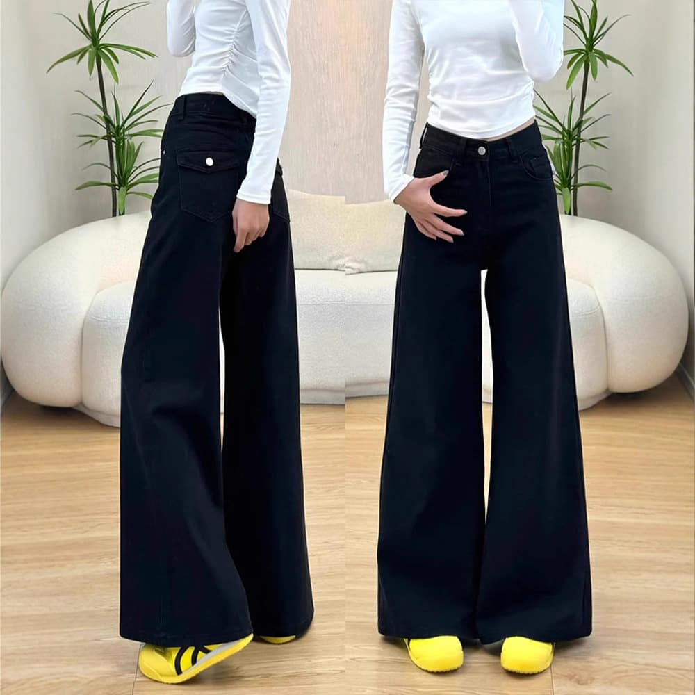 Women's Fall/Winter New High-Waist Versatile Wide-Leg Pants Slimming Leg-Lengthening American Style Petite Black Loose Jeans