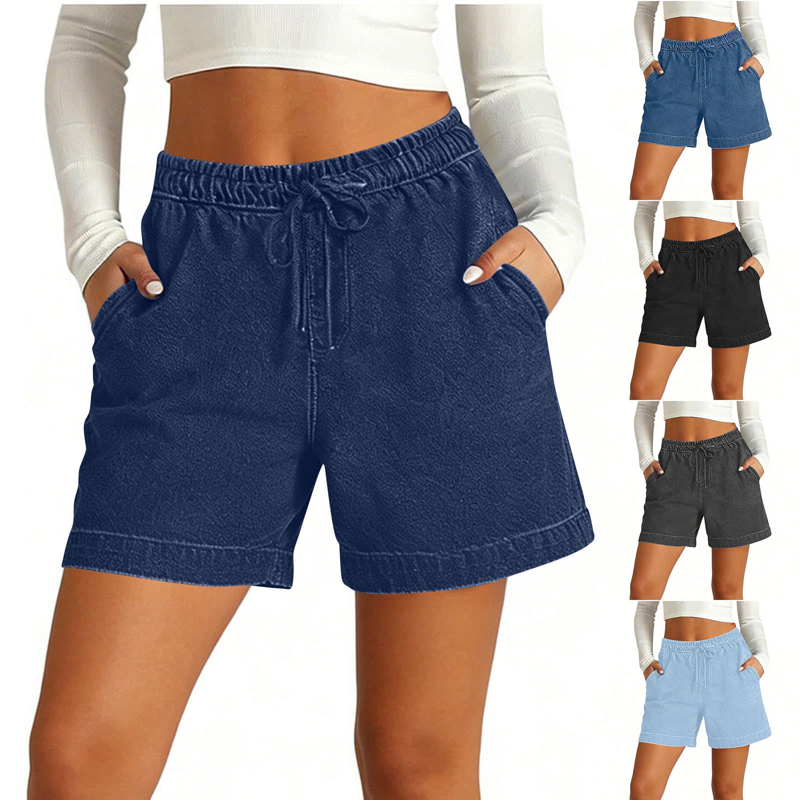 Women's Stretch High-Waist Casual Denim Shorts with Drawstring, Lightweight Summer Loose Fit
