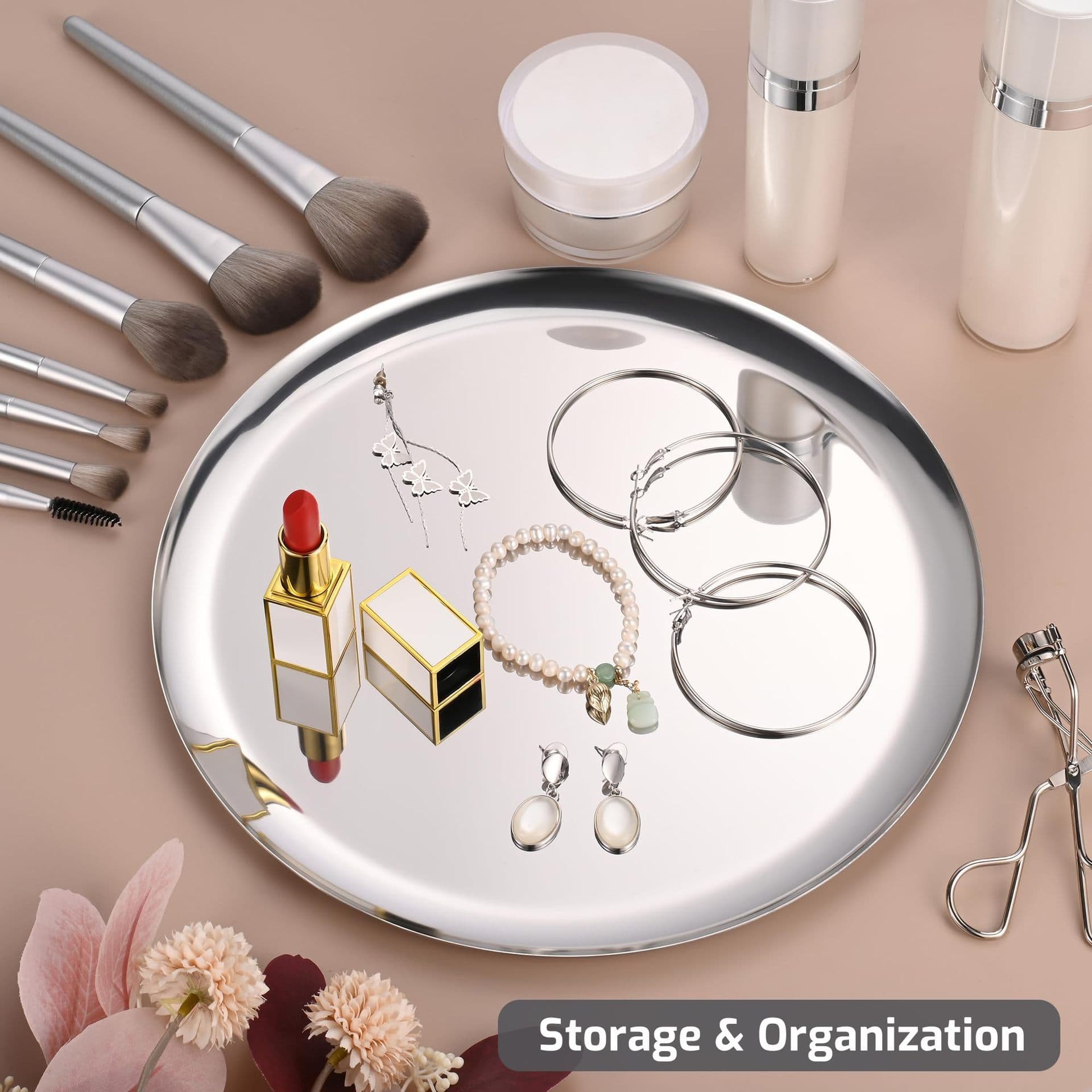 Nordic stainless steel jewelry round tray desktop storage tray cosmetics jewelry tray metal tray fruit tray