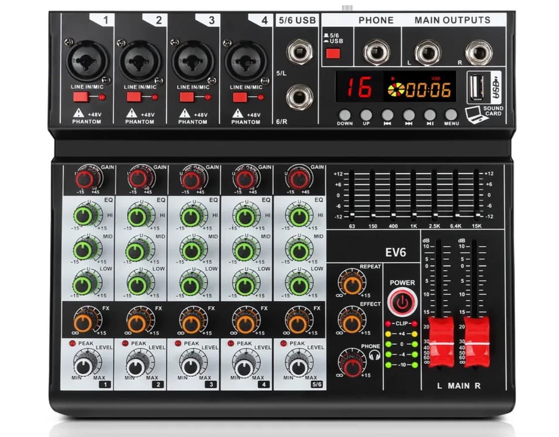 Cross-border Professional Six-Channel Mixer with Reverb, Bluetooth Playback, Control Effects, Balanced Mixer EV6