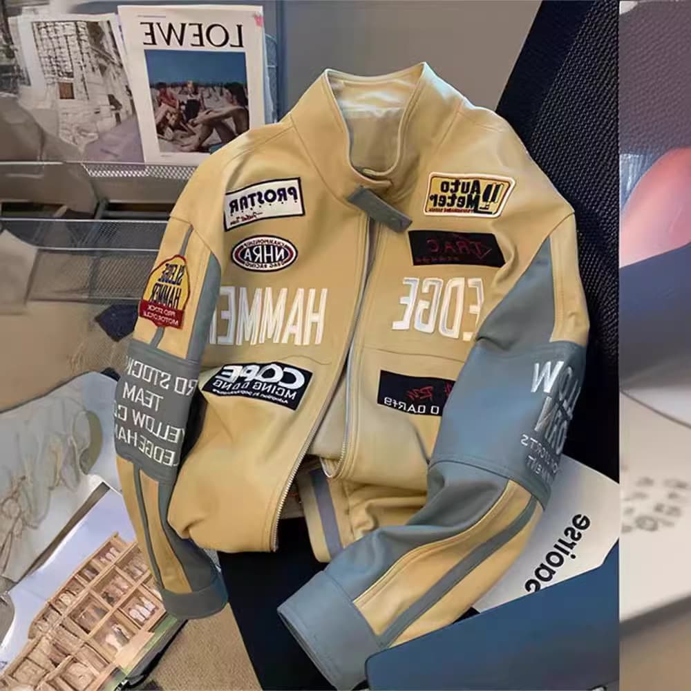 American fashion brand Amazon embroidered pu leather baseball jacket for men and women in autumn high street vintag handsome racing suit jacket