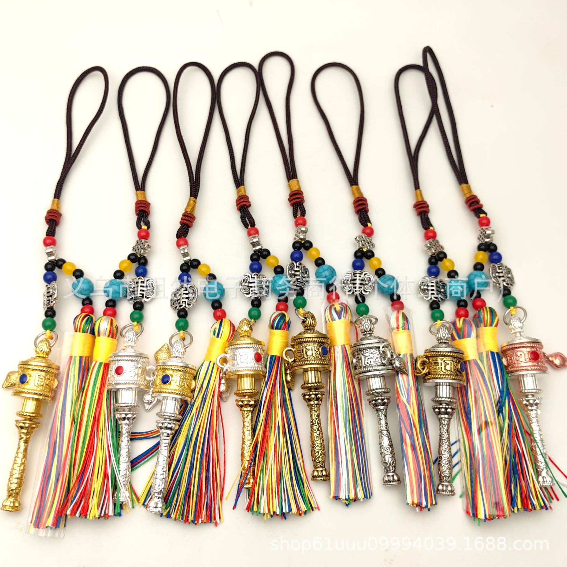 Tibetan Prayer Wheel Colorful Bag Pendant with Six-Syllable Mantra and Five-Color Tassel Car Ornament