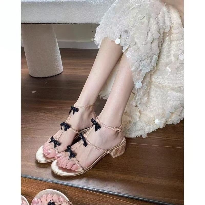 Women's 2026 Retro Roman Sandals Chunky Heel Mid Heel Open Toe Butterfly Bow Sparkling Gold with Rhinestones Stunning High Heel