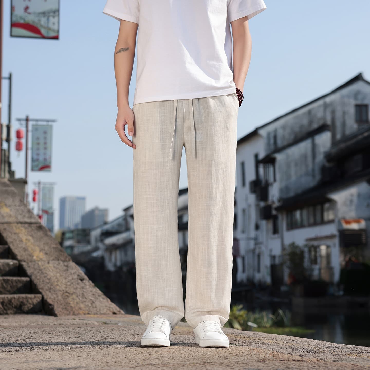 New Chinese Style Men's High-End Tencel Linen Pants Summer Thin Cotton Linen Trousers Men's Casual Pants Ice Silk Straight Leg Pants
