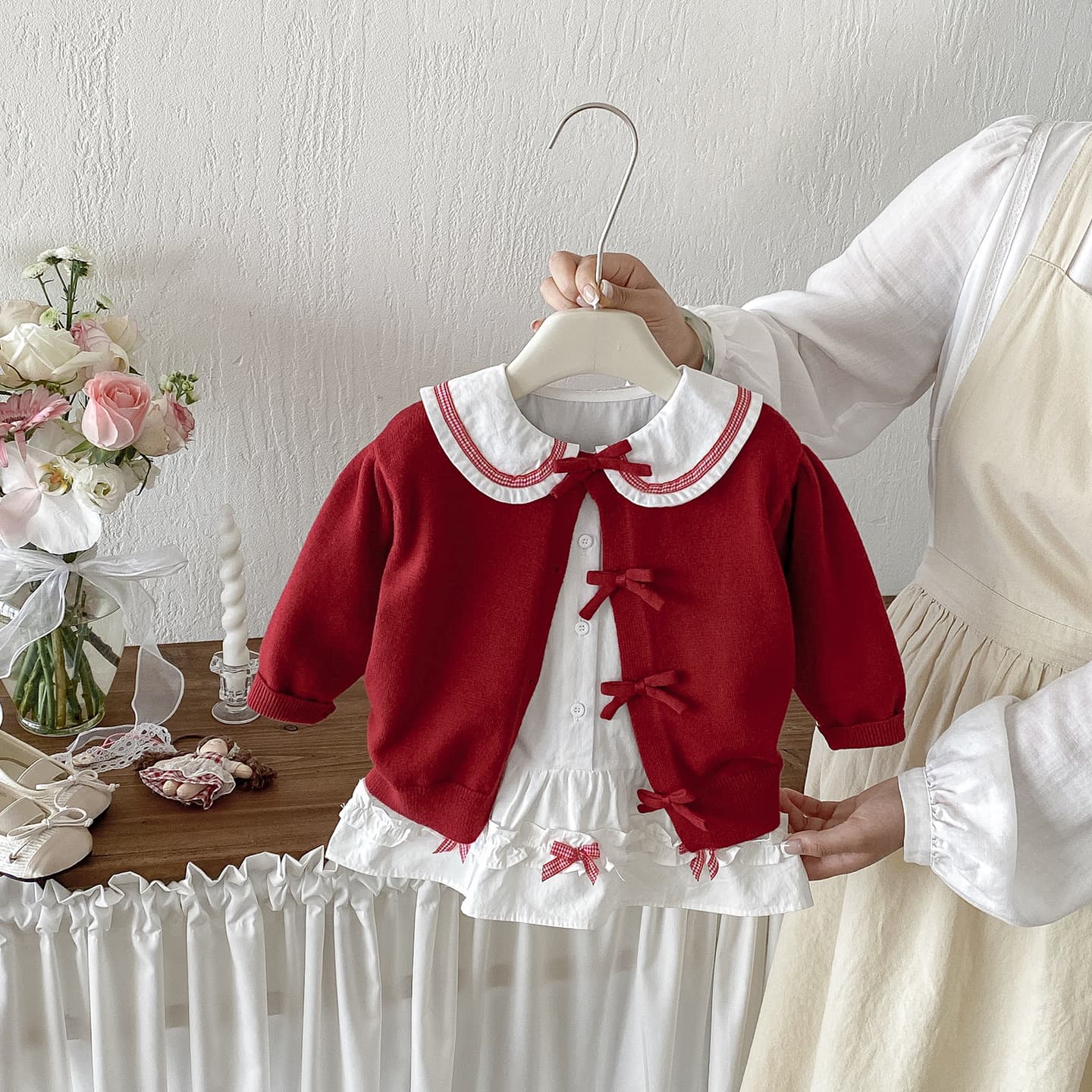 Dianxi sweet baby doll collar long-sleeved jumpsuit for girls autumn new Chinese sweater cardigan two-piece set