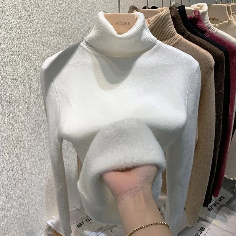 Women's All-in-One Fleece Knit Sweater, Fall/Winter Thickened High Neck Pullover, 2025 New Arrival, Knit Base Layer Top
