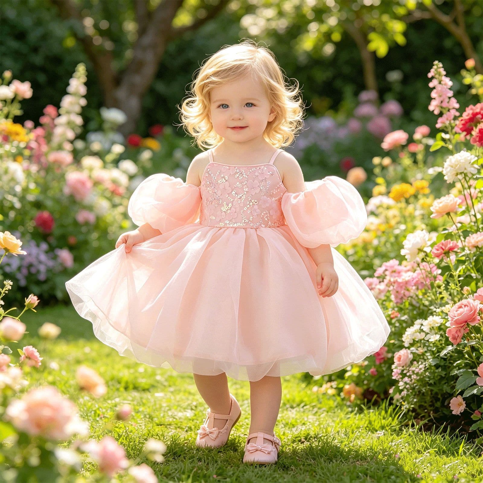 Children's Princess Dress for Girls, Strapless Off-Shoulder Baby Birthday Party Dress with Bubble Hem, Baby Dress