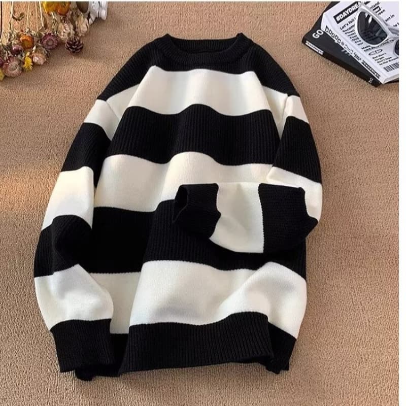 Striped Sweater Men's Autumn and Winter Couple Pullover Round Neck Contrast Color Sweater Loose Lazy Style American Retro Jacket