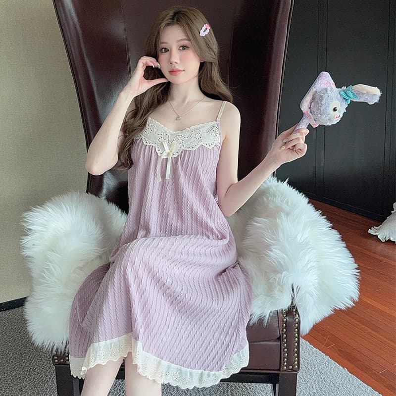 Summer Jacquard Sweet Sexy Camisole Nightgown Mid-Length Cotton Home Dress for Women from Export Factory