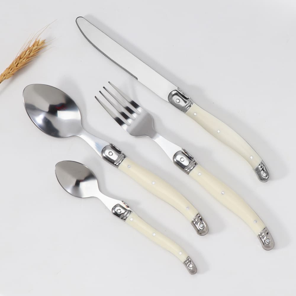 Stainless Steel Knife Fork Spoon Set with Cream White Plastic Handle, Steak Knife, Steak Fork, Spoon, Western Tableware for Home Use